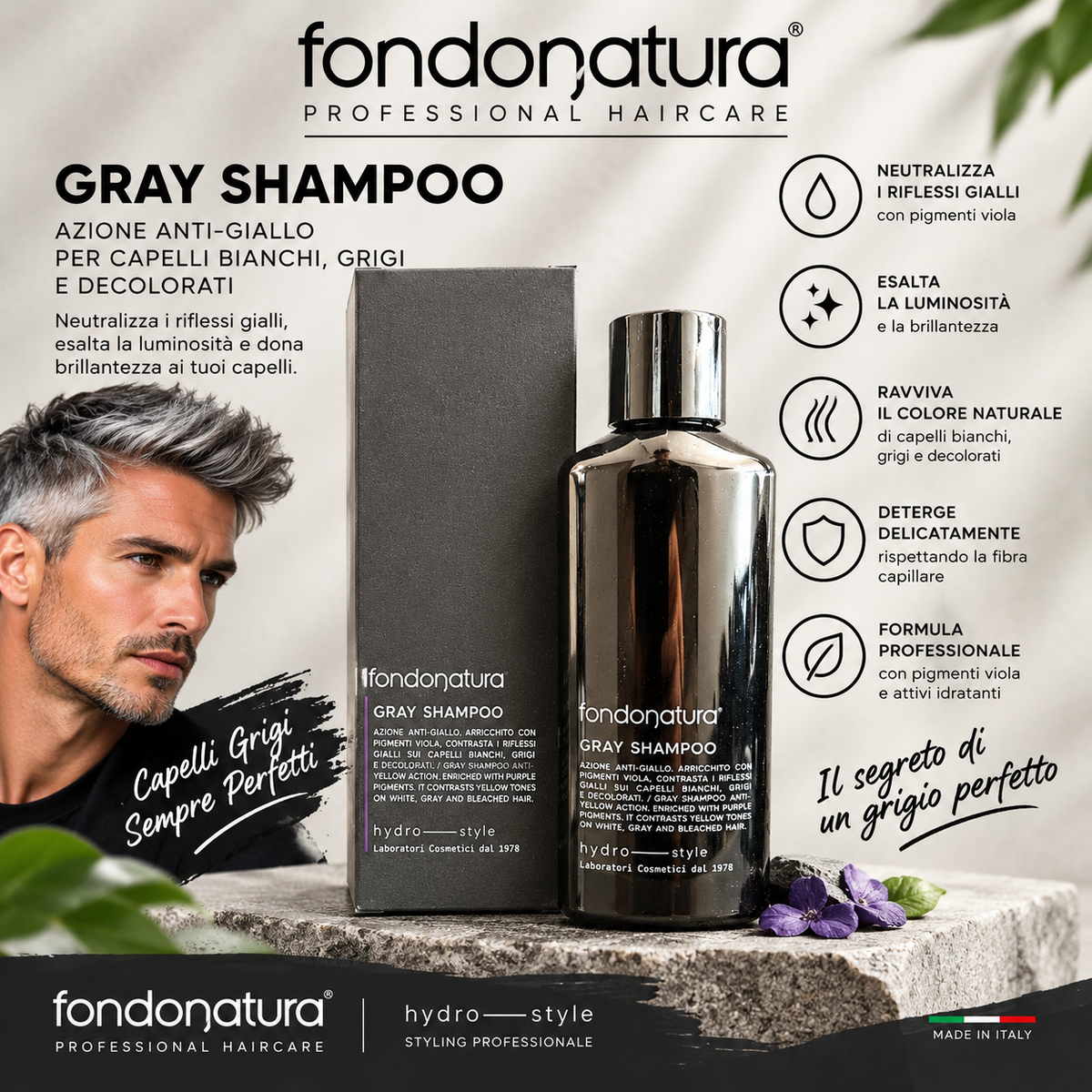 Fondonatura Gray Shampoo – Shampoo Anti-Giallo per Capelli Bianchi e Grigi